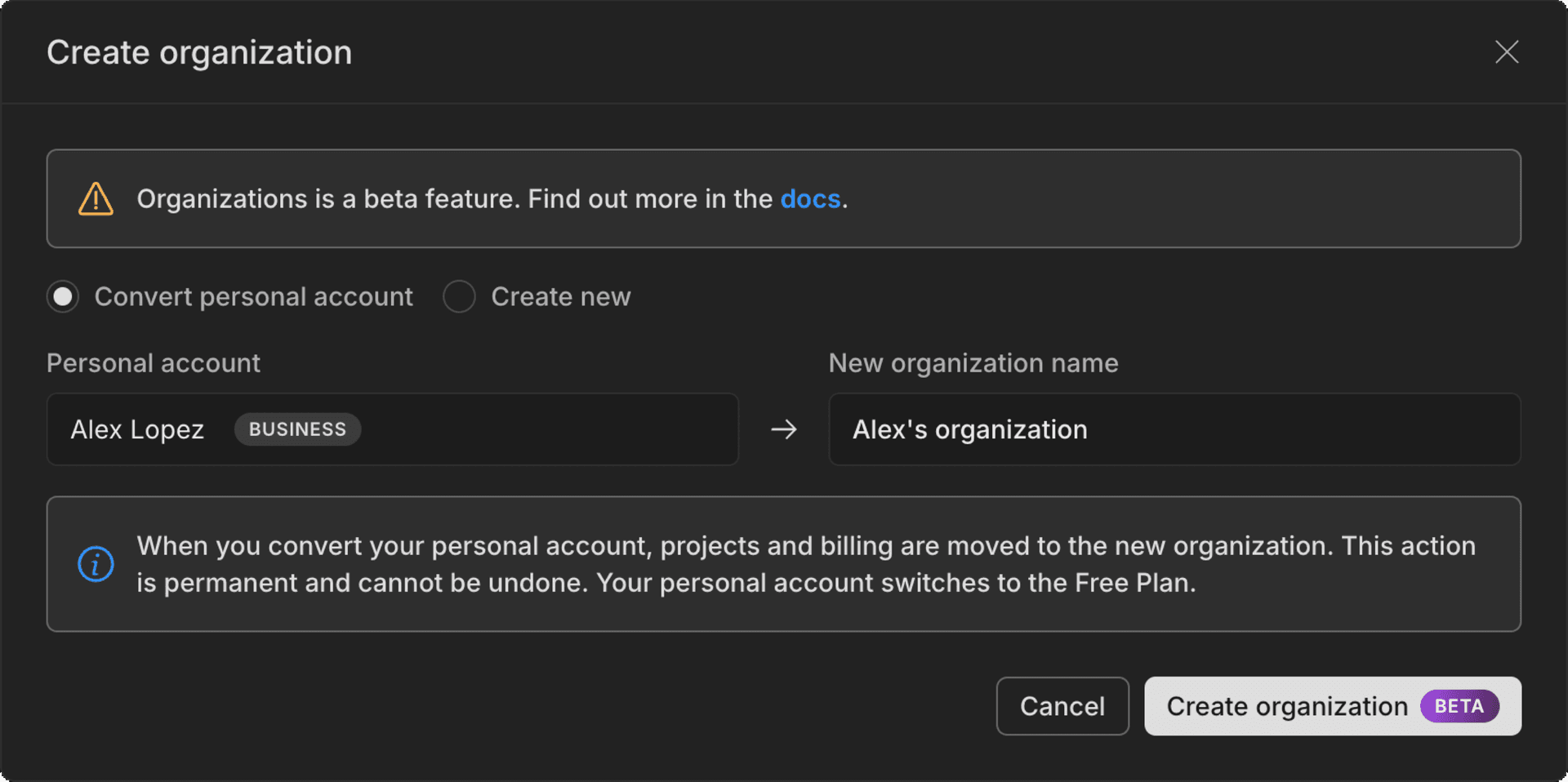 convert personal account to an organization
